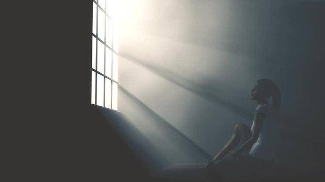 4K Lonely Woman in Melancholy Sitting in an Empty Room against Lightrays 3D Animation