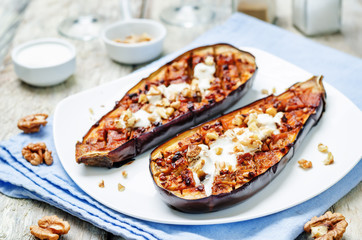 roasted spicy eggplants with Greek yogurt walnuts topping