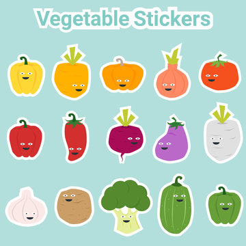 Set of funny vegetable stickers , vector, illustration