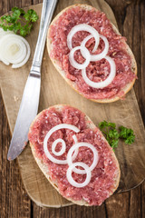 Mett on a bun (German cuisine; selective focus)