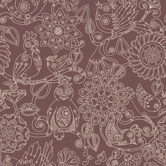 Doodle seamless background with steampunk birds and flowers. Vector ethnic pattern can be used for wallpaper, pattern fills, invitations, book cover, web pages. Hand drawn pattern.