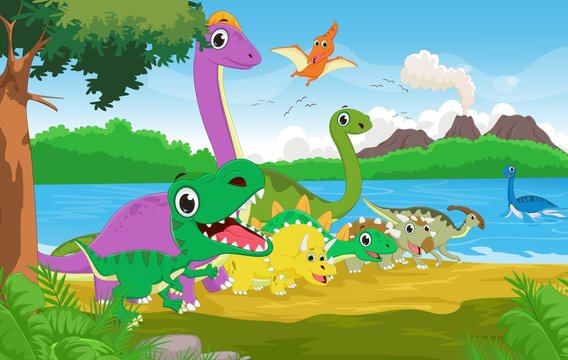 Cartoon group of dinosaur with the prehistoric background