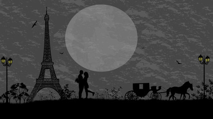 Fototapeta na wymiar Carriage and lovers in Paris against grey sky