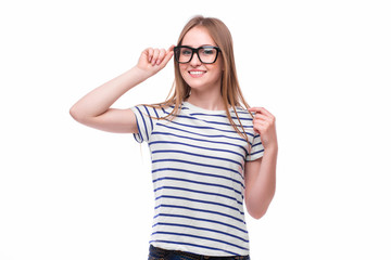 Smile happy girl in glasses on white background. People emotions concept.