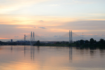 Obraz premium Cable-stayed bridge at sunset.