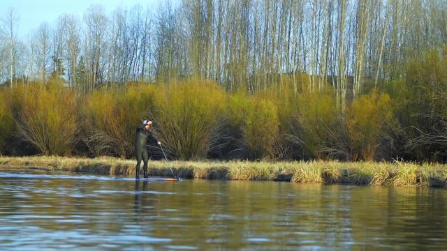 Wide shot of man in wesuit paddling on a paddleboard down an Oregon river