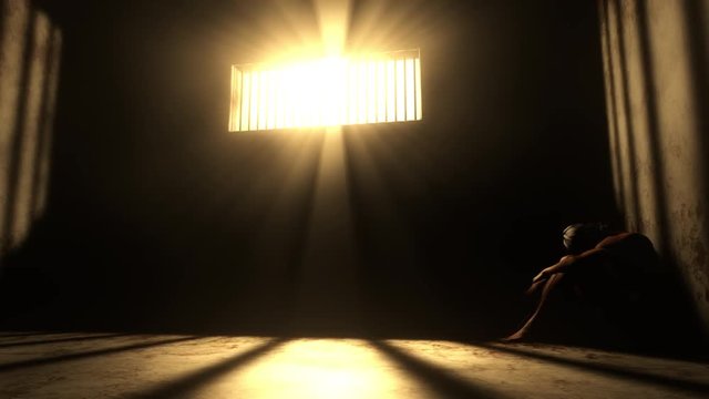  4K Prisoner in Bad Condition in Demolished Solitary Confinement under Lightrays 3D Animation