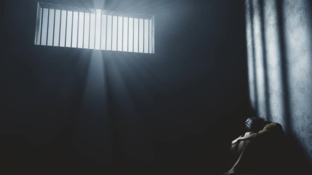  4K Prisoner in Bad Condition in Demolished Solitary Confinement under Lightrays 3D Animation