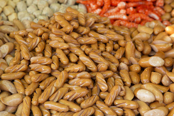 Red sausages in row,street food,Thaistyle