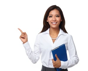 Asian business woman presenting copy space.