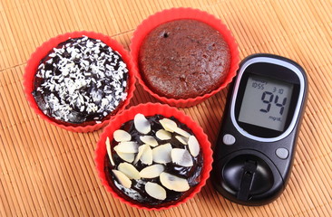 Glucose meter and chocolate muffins in red cups