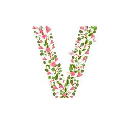 Floral font with with spring pink flowers. Romantic alphabet let