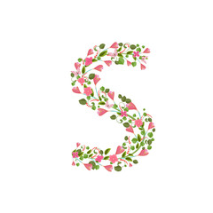 Floral font with with spring pink flowers. Romantic alphabet let