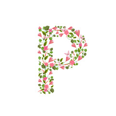Floral font with with spring pink flowers. Romantic alphabet let