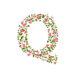 Floral font with with spring pink flowers. Romantic alphabet let