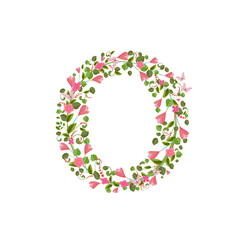 Floral font with with spring pink flowers. Romantic alphabet let