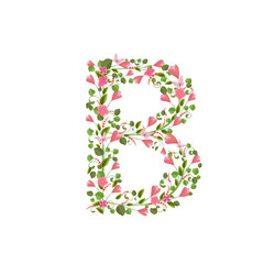 Floral font with with spring pink flowers. Romantic alphabet let