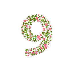 Floral font with spring pink flowers. Romantic number nine