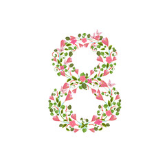 Obraz na płótnie Canvas Floral font with spring pink flowers. Romantic number eight