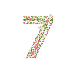 Floral font with spring pink flowers. Romantic number seven