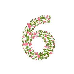 Floral font with spring pink flowers. Romantic number six