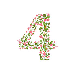 Floral font with spring pink flowers. Romantic number four