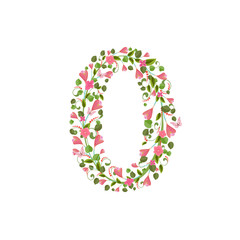 Floral font with spring pink flowers. Romantic number zero