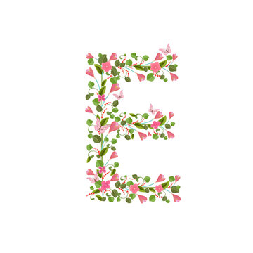 Floral font with with spring pink flowers. Romantic alphabet let