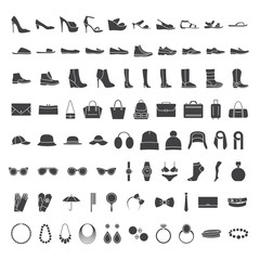 Obraz premium Shoes and accessories icons. Icons set: shoes, bags, hats, jewelry, glasses