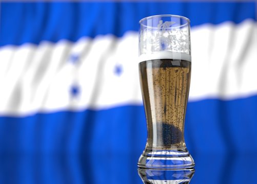 a glass of beer in front a honduran flag. 3D illustration rendering.