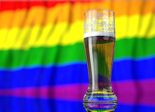 a glass of beer in front a gay flag. 3D illustration rendering.