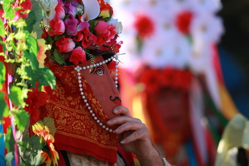 Pernik, Bulgaria - January 14, 2008: Unidentified man in traditional Kukeri costume are seen at the Festival of the Masquerade Games Surva in Pernik, Bulgaria.