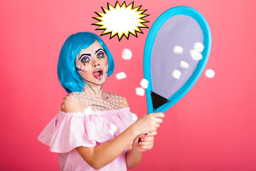 Photo of young woman with speech bubble and professional comic pop art make up. Creative beauty style.