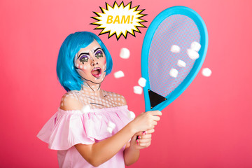 Photo of young woman with speech bubble and professional comic pop art make up. Creative beauty style.