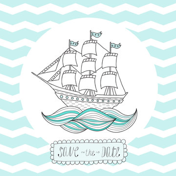 Greeting card, invitation with blue stripes, round frame and a sailing ship.