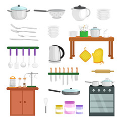 Food and cooking banner set with kitchenware utensils, Kitchen set of tools for cook or cooking meals. Vector illustration of isolated kitchen utensil. Background with utensil, cook equipment