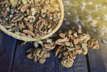 walnut on wooden background