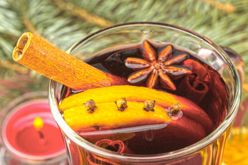 Hot red mulled wine  with christmas spices