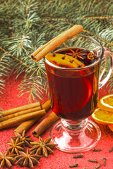 Hot red mulled wine  with christmas spices