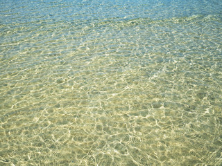 Background of transparent crystal green blue sea water surface ripple with sun reflection in summer. Water background. Ocean water texture.
