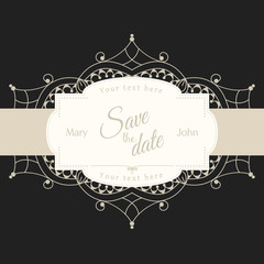 Wedding invitation card with white lace motive on black background, illustration