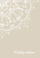 Wedding invitation card with white mandala on beige background, illustration