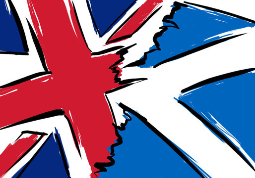 Illustration of British and Scottish flag ripped apart