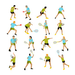 Vector set of people playing tennis, ping-pong and badminton. Professional players on the court. - obrazy, fototapety, plakaty