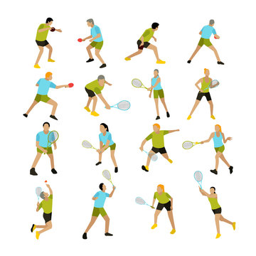 Vector set of people playing tennis, ping-pong and badminton. Professional players on the court.