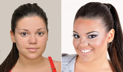 Teenage girl before and after applying make-up, hairstyling and teeth whitening
