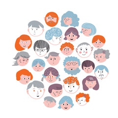 Set of faces cartoons card - round design