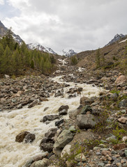 The mountain river, against the woody mountains, originating fro