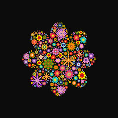 Flower with round petals composed of vector flowers on black