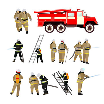 Fire fighting department vector set. Station and firefighters.